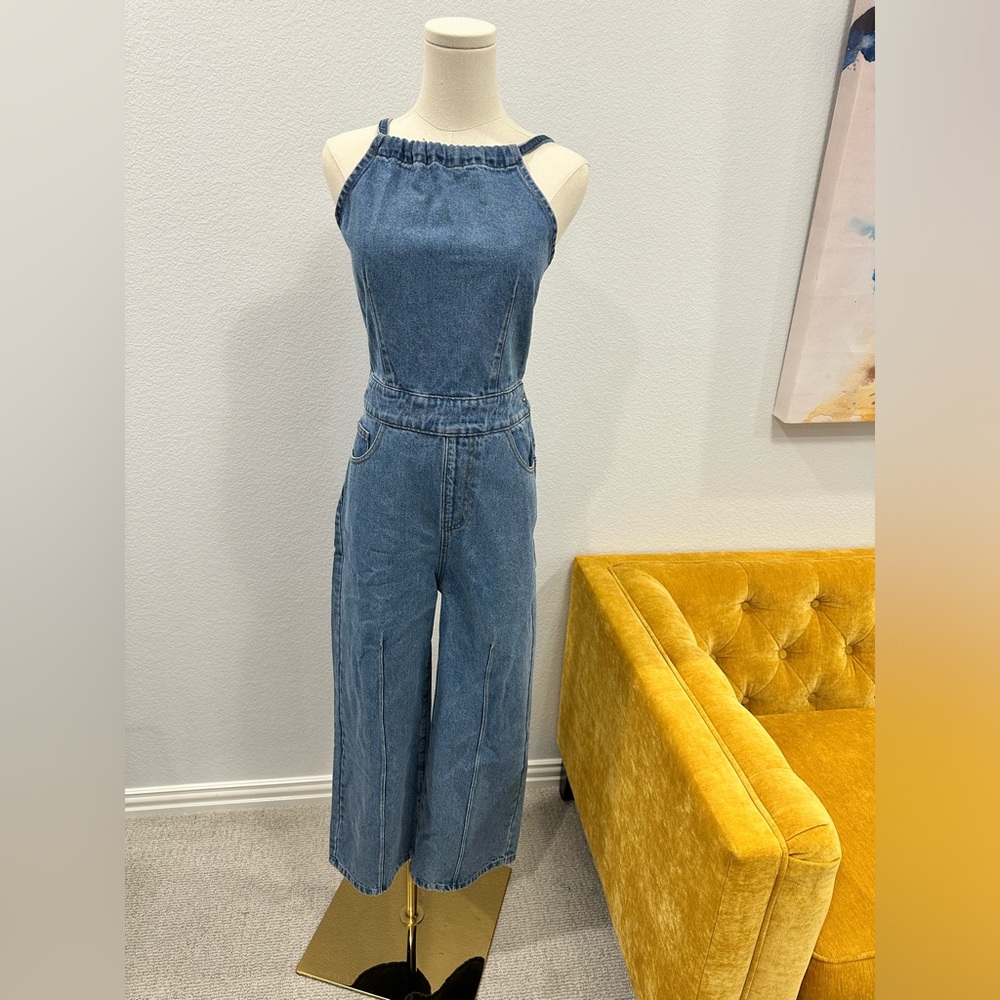 Fore Collection Denim Straight Leg Halter Jumpsuit - Picture 4 of 5